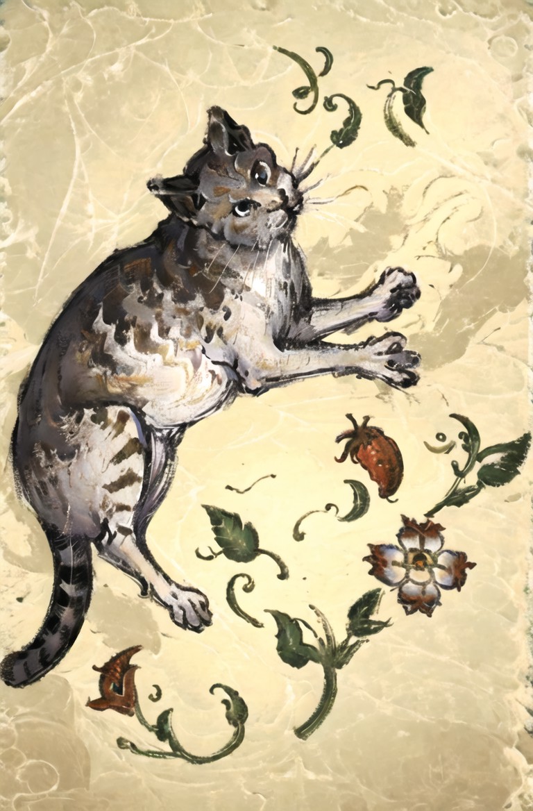 00456-499352280-masterpiece, best quality, Medievalcat,solo,flower.run_ _lora_Medievalcat_0.88_,medieval, painting,scrawl,  fruit.png